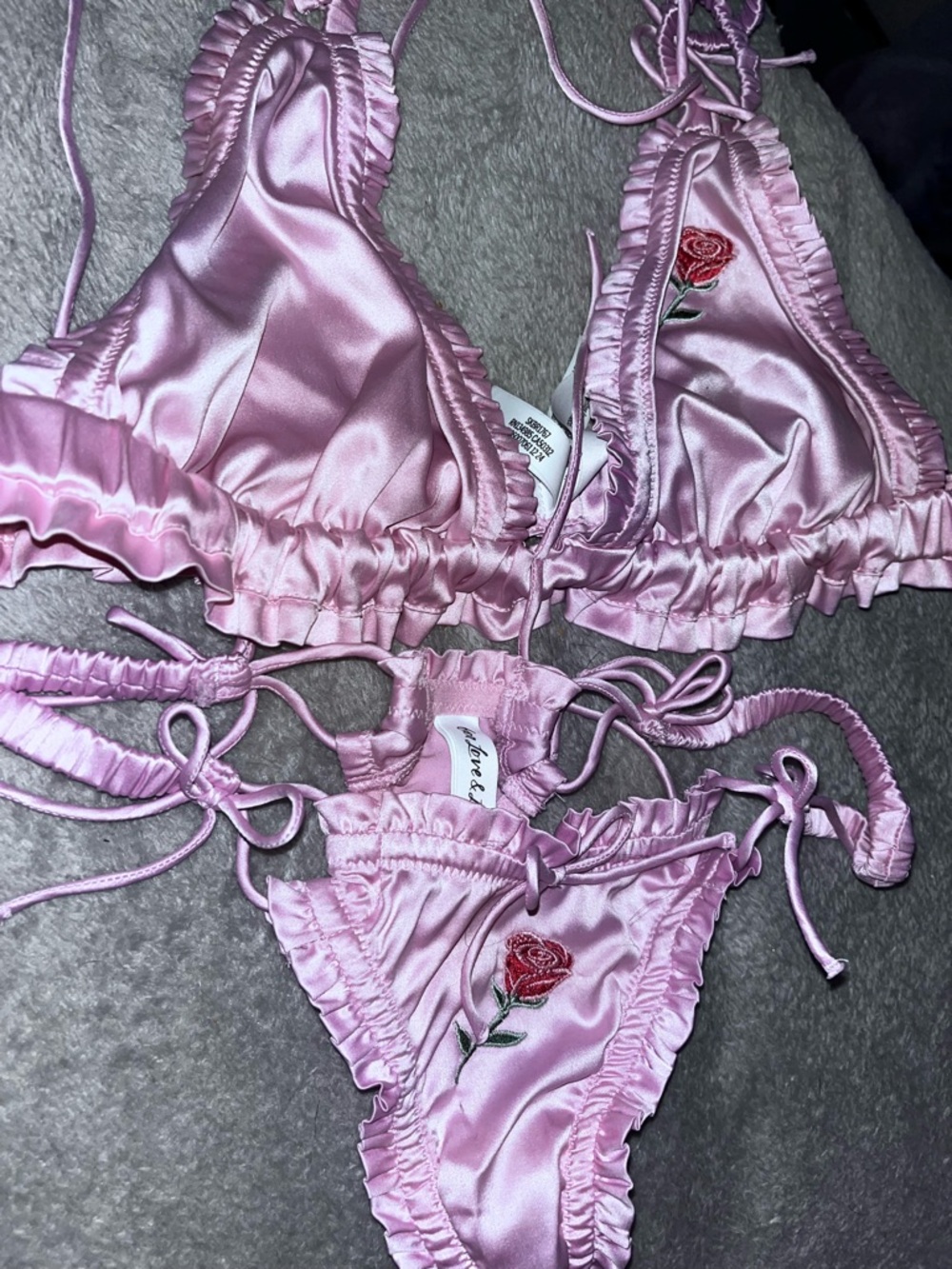 For Love And Lemons Pink Satin Embroidered Rose Lingerie Set